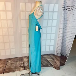 Blashe NWT Turquoise Halter Stretch Satin Crisscross Open Back Long Gown Medium thumbnail 7
