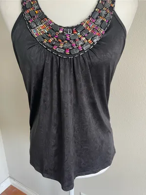 Iz Byer Black Tank Top with Multicolor Beaded Neckline thumbnail 3