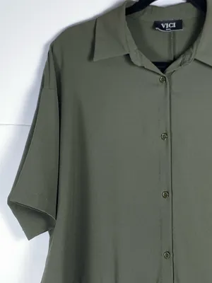 VICI Shirt Dress Small Olive Green Utility Button Front Pockets Casual thumbnail 4