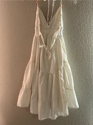 Off White Crochet Halter Beaded Tie Back Boho Tiered Mini Dress Tunic thumbnail 8
