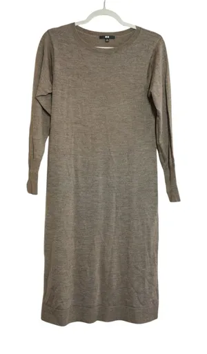 Uniqlo Womens Long Sleeve Crew Neck Fine Knit Sweater Dress‎ Taupe Brown Medium thumbnail 1