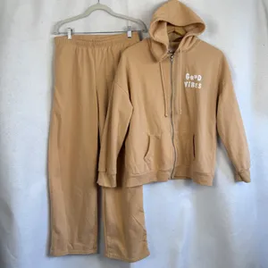 Hippie Rose Good Vibes Full Zip Hoodie and‎ Wide Leg Sweatpants Set Tan Large Loungewear thumbnail 2