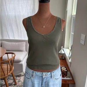 2007 Express Basic V Neck Metallic Trim Green Ribbed Tank Top 100% Cotton Small‎ thumbnail 9