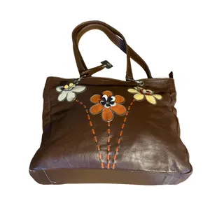 Arte Piel Brown Handcrafted W/Applique Flowers Leather Tote Shoulder Bag thumbnail 5