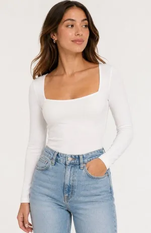 NWT Abercrombie White Square-Neck Long-Sleeve Bodysuit M thumbnail 1