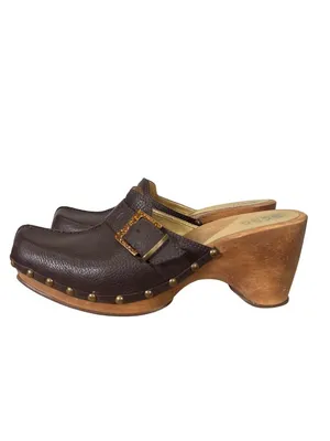 Vintage BCBG Y2k Platform Wooden Leather Clogs Size 8.5 thumbnail 5
