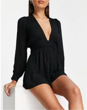 ASOS DESIGN long sleeve plunge beach romper in black thumbnail 1