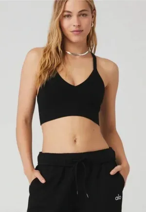 Alo Yoga Seamless Ribbed Low Back BLACK Bra XS SOLD OUT thumbnail 1