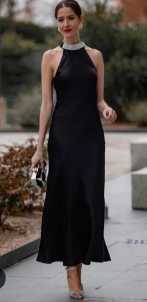 ZARA Black Maxi Halter Dress with Silver Embellished Neck thumbnail 1
