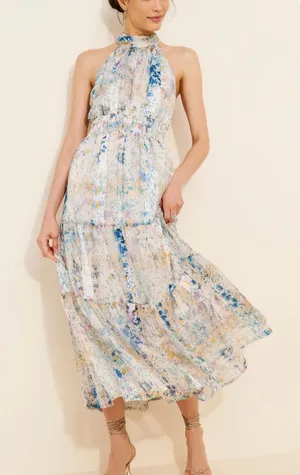 Anthropologie Halter Midi Dress in Light Blue Watercolor thumbnail 1