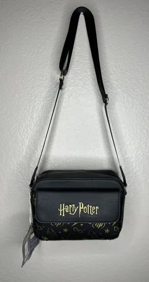 NEW Harry Potter Crossbody Bag Adults Small Black Faux Leather Logo Gold Icons thumbnail 1
