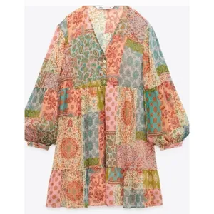 Zara‎ Patchwork Boho Mini Dress V Neck Metallic Thread Button Front Size M thumbnail 2