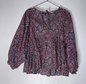 Banana Republic Factory XS Paisley Boho‎ Peasant Peplum Blouse Balloon Sleeve thumbnail 1