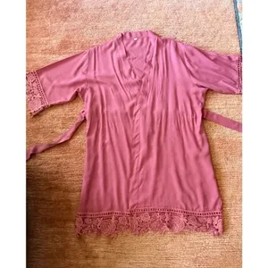 Pink Lace Trim Kimono Robe Sheer Tie Waist Lightweight One Size thumbnail 3