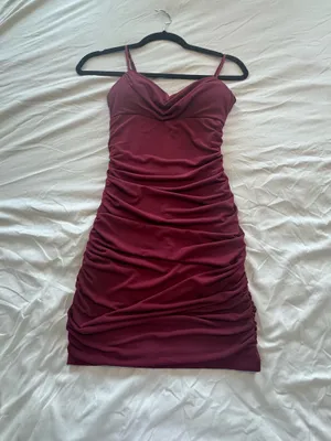Emerald Sundae Burgundy bodycon dress with ruched detailing thumbnail 3