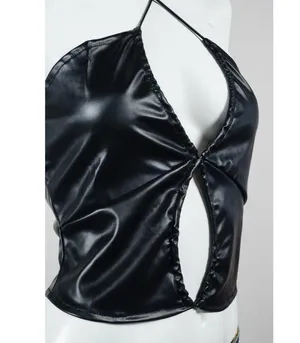Pretty Garbage Hater Vegan Faux Leather Ruched Crop Top Black Woman's Small NWT! thumbnail 8