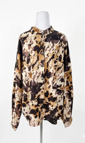 POL Womens Small Cow Print Button Down Satin Shirt Oversized Western‎ Boho Top thumbnail 1