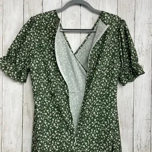 Unbranded Green White Dainty Floral Short Sleeve Button Faux Wrap Midi Dress thumbnail 5