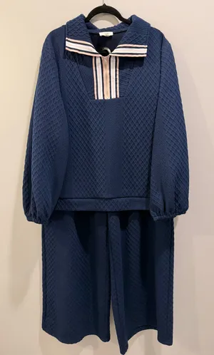 Oddy Textured Quarter Zip Pullover and Wide Leg Pants Matching Loungewear Set Navy / Midnight Blue thumbnail 2