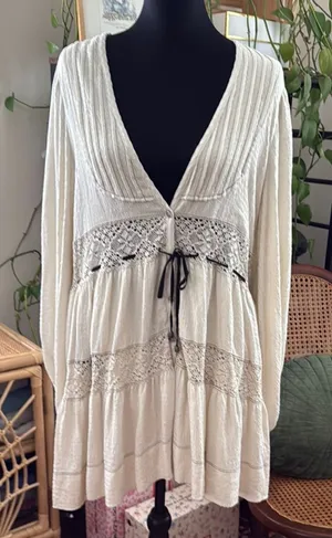 Free People Cozy Nights Cream Crochet Lace Boho Hippie Babydoll Mini Dress thumbnail 1