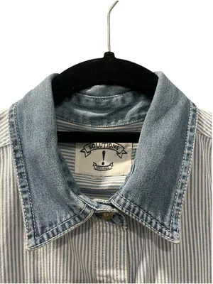 Vintage 90s Christmas Embroidered Button Up Shirt Striped Denim Collar Large thumbnail 4