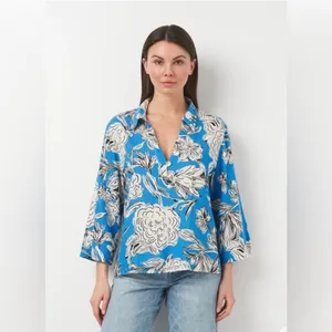 ZARA Blue White Floral Linen Blend Blouse Top NWT XL Oversized Kimono Sleeve thumbnail 3