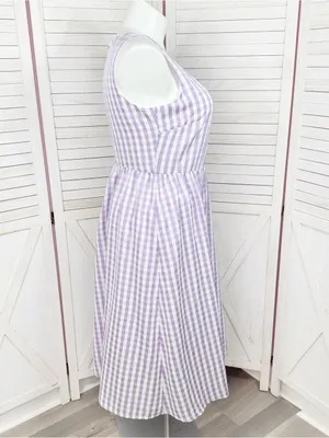 DKNY Gingham Check Square Neck Midi Dress Purple White 12 Cottagecore Sleeveless thumbnail 3