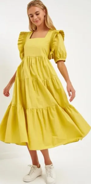 English Factory Chartreuse Square Neck Flutter Sleeve Tiered Midi Dress Sz S 🧡🍄 thumbnail 1