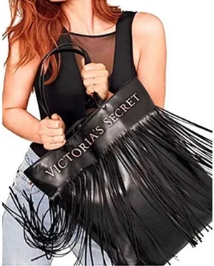NWT Victoria's Secret Limited Edition black faux‎ leather fringe tote bag thumbnail 1