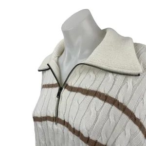Hollister Womens White Brown Cable Knit 1/4 Zip Collared Polo Sweater Top Size S thumbnail 2