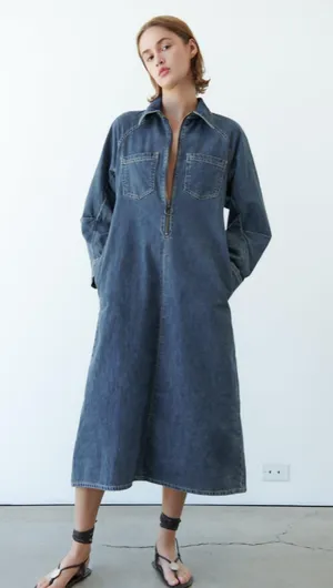 Zara Dress oversize midi denim jeans long sleeve collar casual thumbnail 1