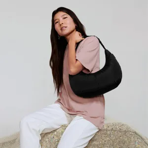 Dagne Dover Rider Puffy Nylon Crescent Pleated Shoulder Bag Black thumbnail 2