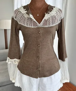 Vintage Y2K Delicate Lace Knit Sweater Sheer Neckline Sleeves Cottage Size Small thumbnail 1
