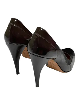 BCBG MaxAzria 𑁍 Shiny Patent Leather + Satin Pumps Carved Heels 𑁍 Cocoa 8.5 𑁍 thumbnail 3