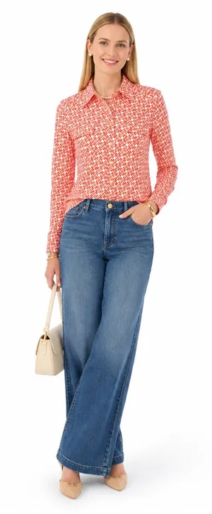 Tory Burch Silk Chain Link Geometric Button Down Blouse Coral Small Pink Career thumbnail 1
