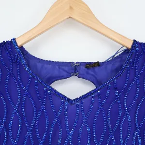 Vintage Silk Sequin Evening Gown Maxi Dress Lined Blue Elegant Zipper M/L 19"P2P thumbnail 4