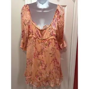 NWOT Free People Mini Dress Womens Peach Floral Ruffle Puff Sleeve M thumbnail 2