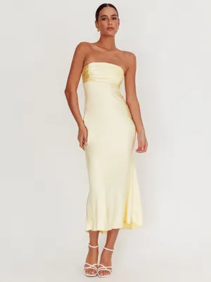 $115 NWT Selfie Leslie Moon Song Strapless Laced Back Dress Butter Yellow M thumbnail 5