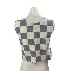 The Workshop Gray Cream Linen Checkered Sleeveless Henley Shirt Tank Top Size S thumbnail 3
