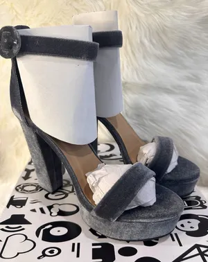 New: Bamboo Velvet Gray Ankle Strap Platform High‎ Heels Y2K Chunky Heels thumbnail 1