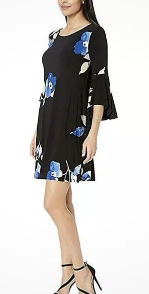 NWT‎ Ralph Lauren Blue Floral Black 3/4 Bell Sleeve Stretch Dress Size 8 thumbnail 2