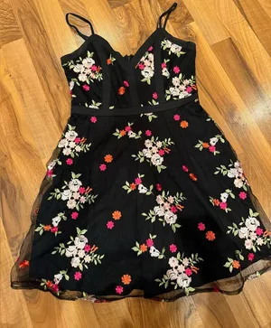 Lulus black mini embroidered sheer overlay dress floral small EUC wedding‎ thumbnail 1