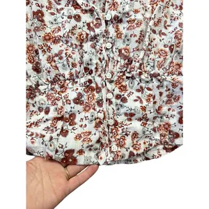Anthropologie Gauzy Cream Floral‎ Button Front Cropped Blouse Rust Long Sleeve thumbnail 6