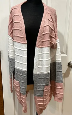Cozy & Chic XXL Pink, White & Gray Cardigan – Soft Knit, Open Front thumbnail 1
