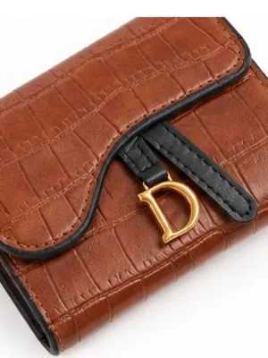 MBrown Faux Croc-Embossed Wallet with Gold D Accent thumbnail 4