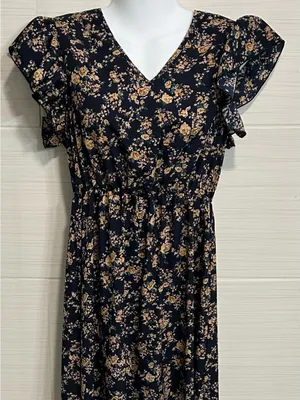 Navy Floral Dress Short Flutter Sleeves Mid Calf Maxi Lightweight, Small thumbnail 1