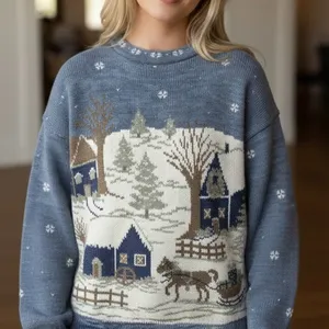 Vintage Nutcracker Christmas Sweater Medium Blue Cabin Sleigh Ride Horse Scene thumbnail 1
