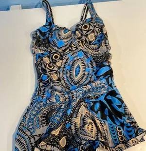 1 piece blue design swimsuit with connected swim shorts thumbnail 1