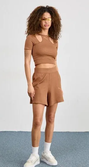 Puma ‘Dare To’ Cropped Tee with Cut Out Short Sleeves in Mushroom Brown thumbnail 1