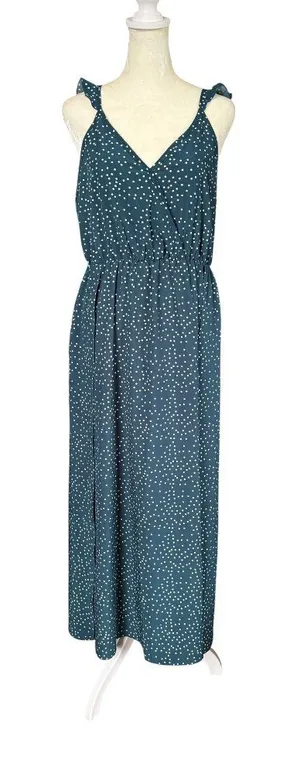 SHEIN maxi dress green and white polka dot v-neck flutter straps size medium thumbnail 1